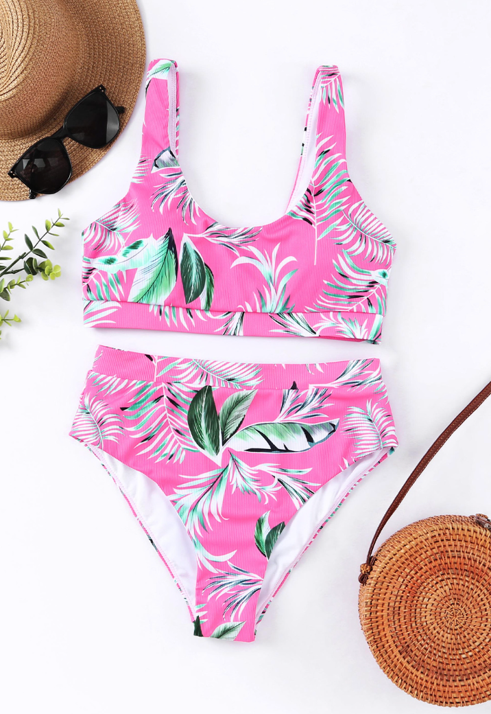 Rose Scoop Neck Tropical Ribbed High Waist Bikini